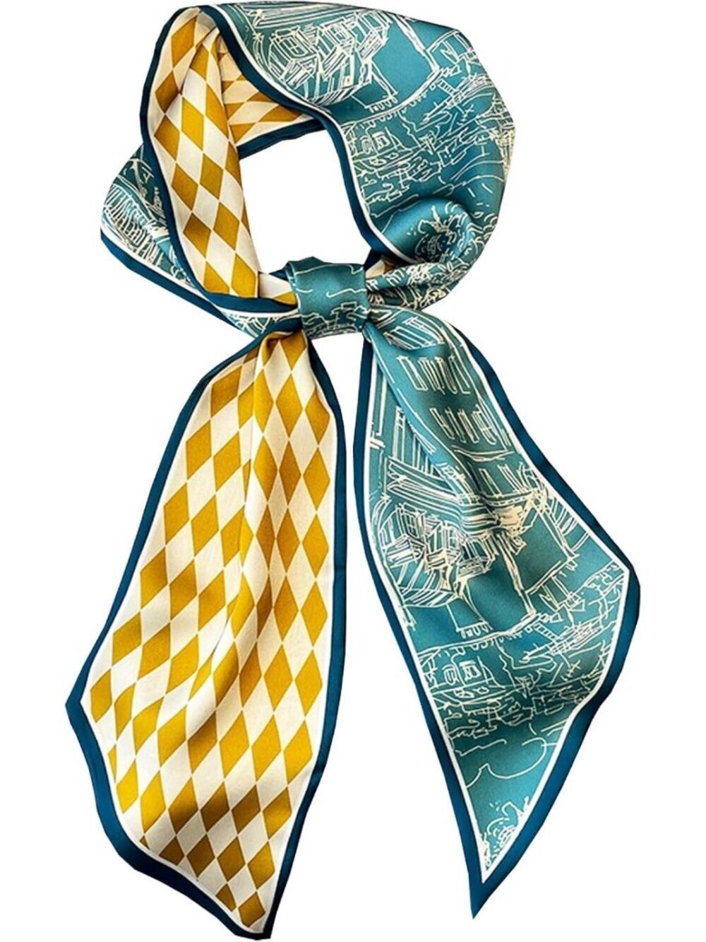 Women's -Yellow-Green Building Head Scarves Long Skinny Silky Hair Bags Scarf